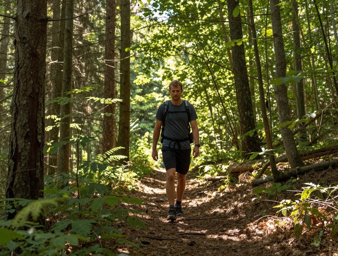 Človek v rannom lese počas pochodu, zlaté svetlo preniká cez koruny stromov, scéna plná prirodzenej energie a pohybu