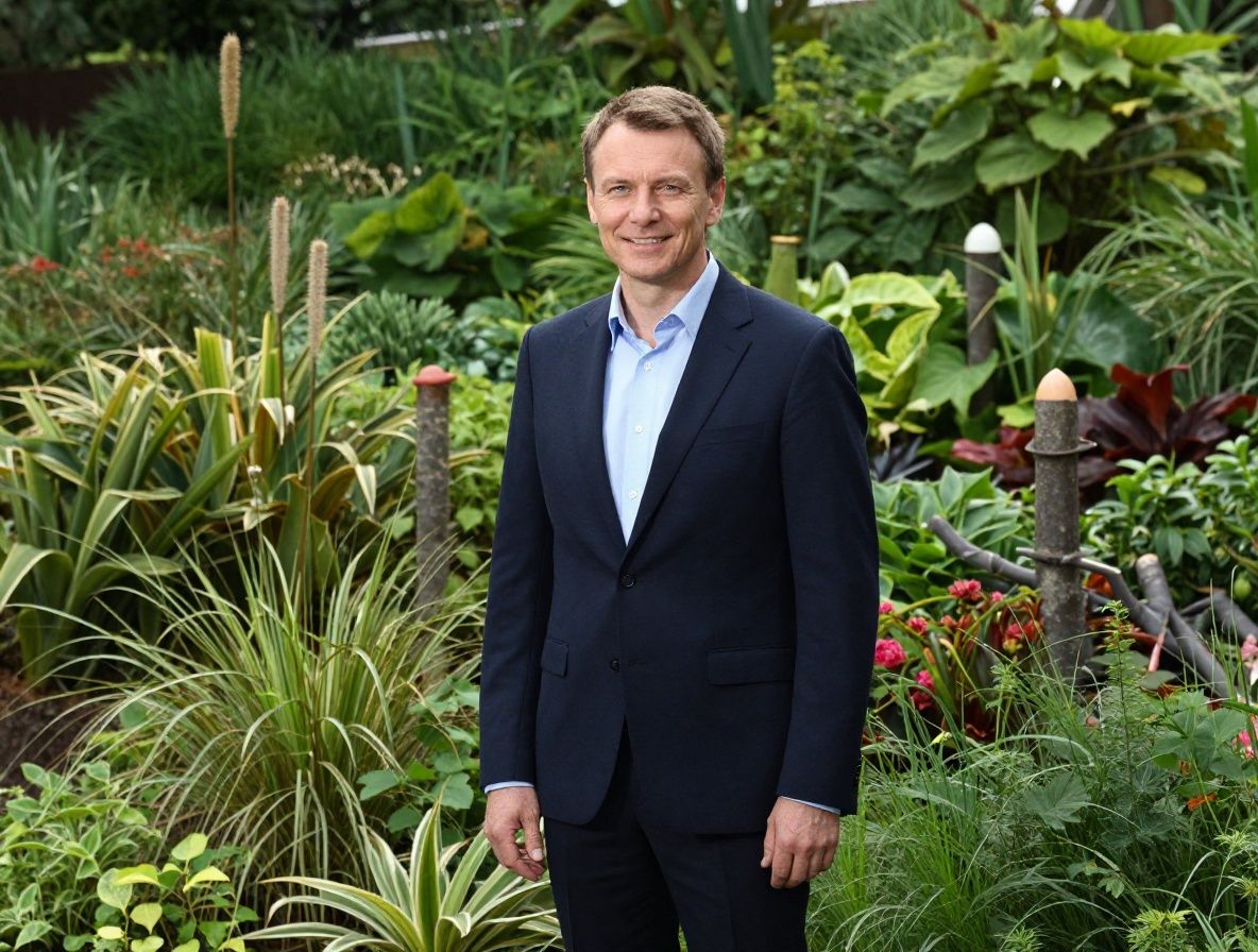 Muž meditujúci v záhrade obklopenej zeleňou a bambusovými stromami, pokojná poloha, ranné svetlo tvorí mäkkú hmlová atmosféru