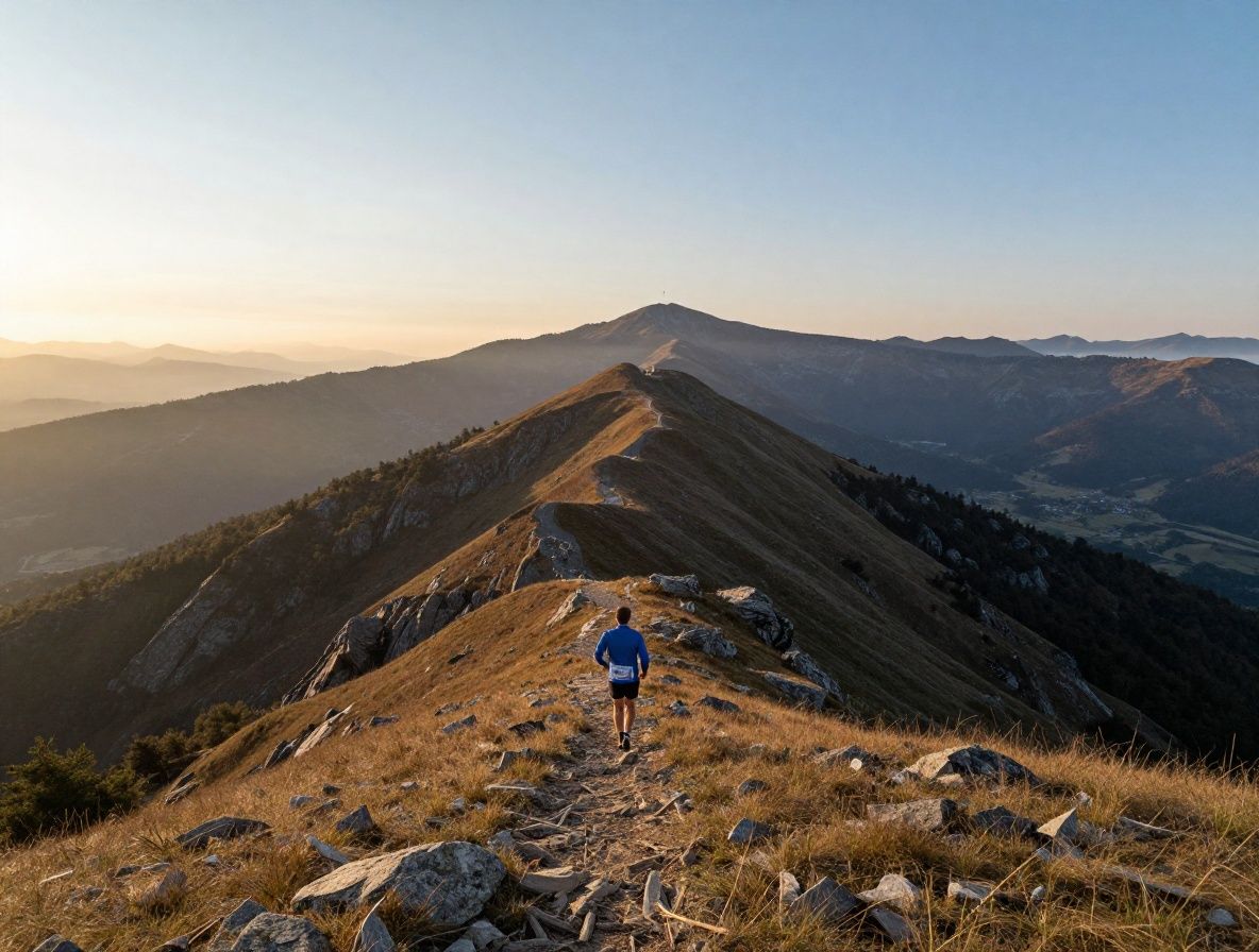 Panoramatický záber na horskú lúku pri svitaní s osamelou postavou bežca na horizonte, mlha v údolí, dramatické ranné svetlo